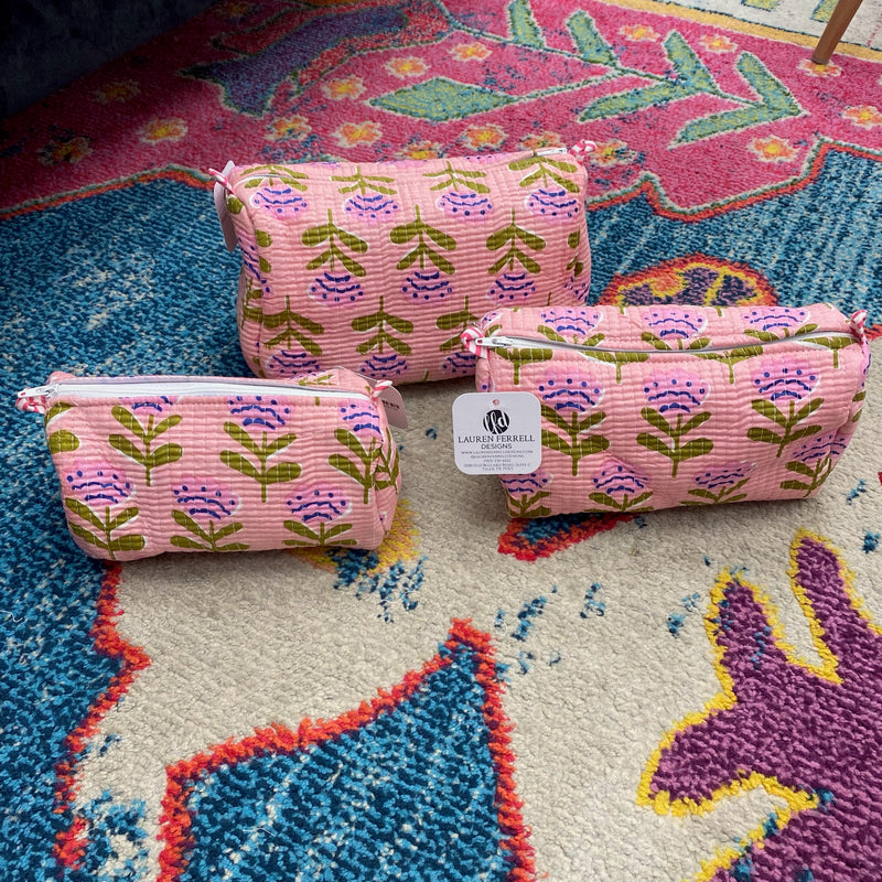 Quilted Cosmetic Bag- Coral Flowers