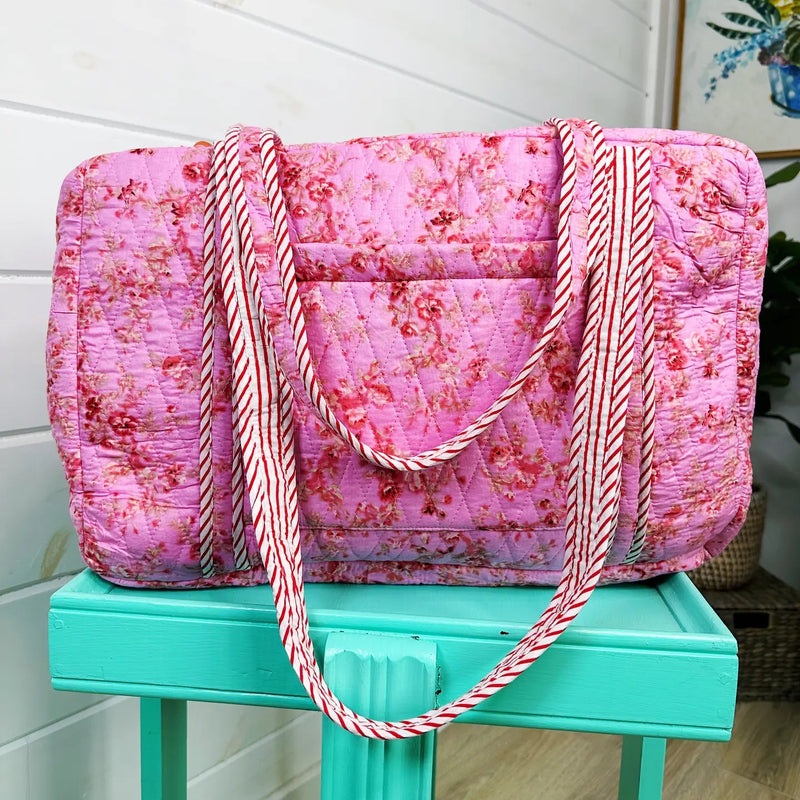 Quilted Overnight Bag- Pink Floral Diamond