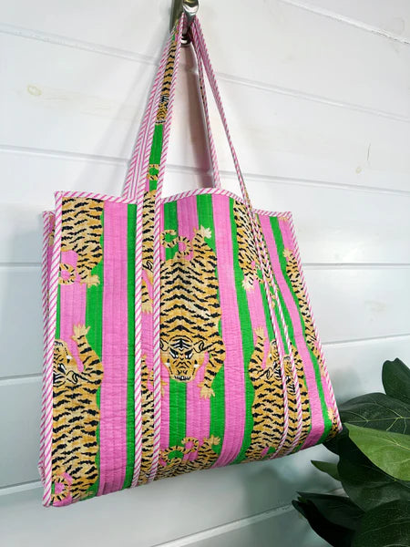 Quilted Tote Bag- Pink & Green Tiger