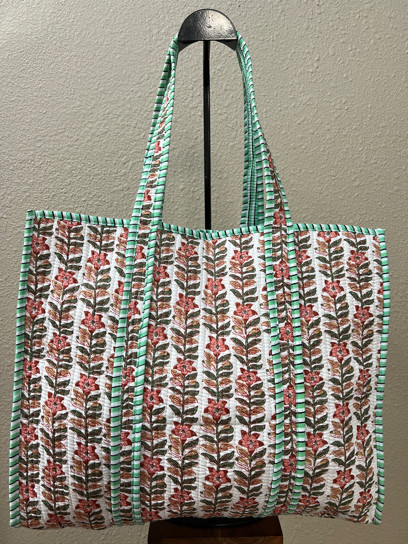 Quilted Tote Bag- White with Red Flowers