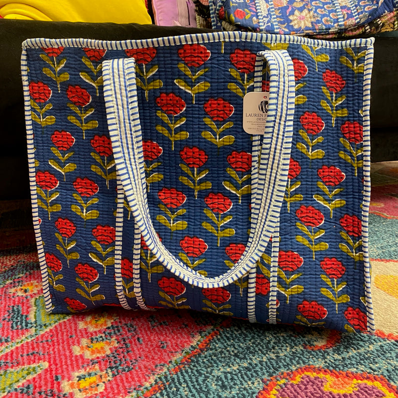 Quilted Tote Bag- Navy Floral