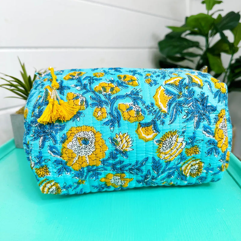 Quilted Cosmetic Bag - Aqua Floral with Yellow