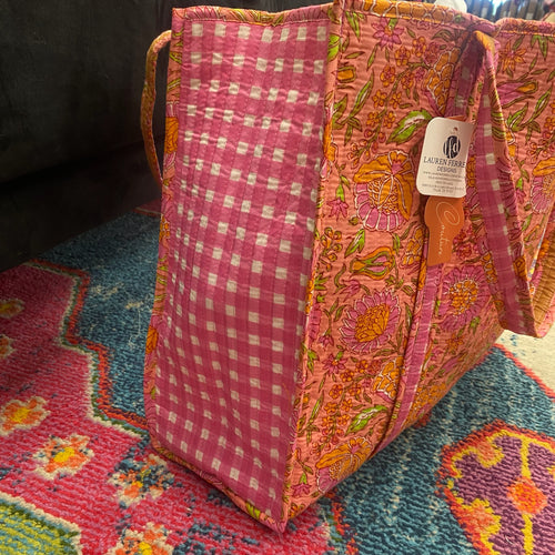 Quilted Tote Bag- Coral Floral
