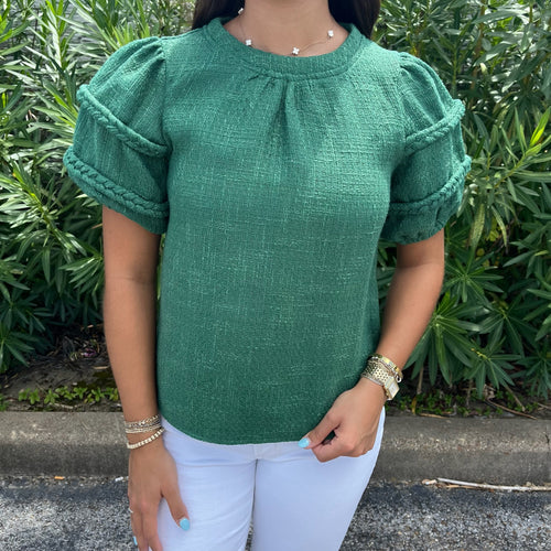 Puff Sleeve Tweed Top- Green