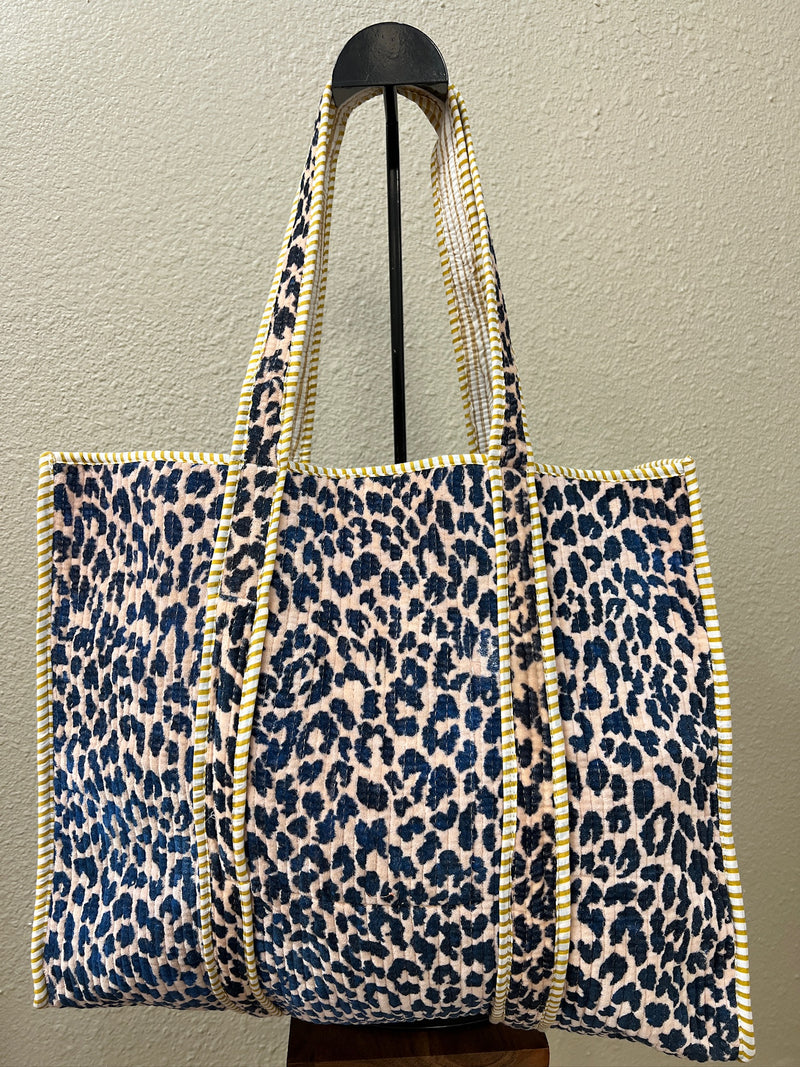Quilted Velvet Tote Bag- White & Black Cheetah