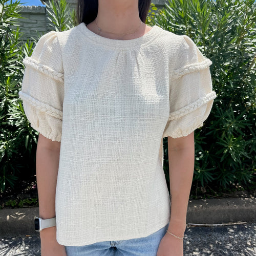 Puff Sleeve Tweed Top- Cream