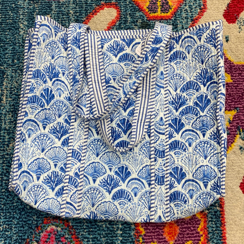 Quilted Tote Bag- Blue Patterned