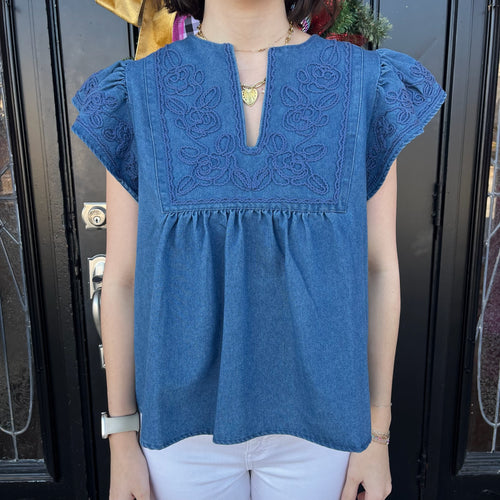 Denim Embroidered Blouse