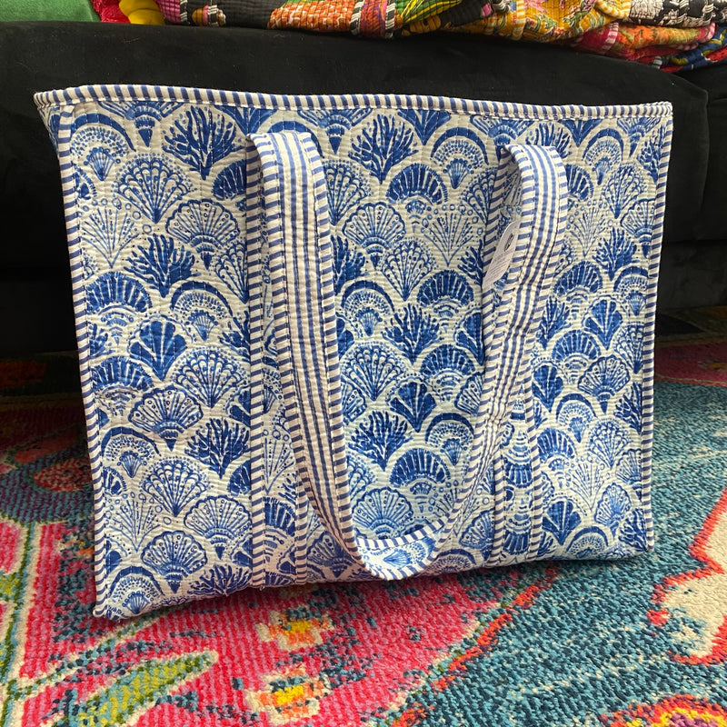 Quilted Tote Bag- Blue Patterned