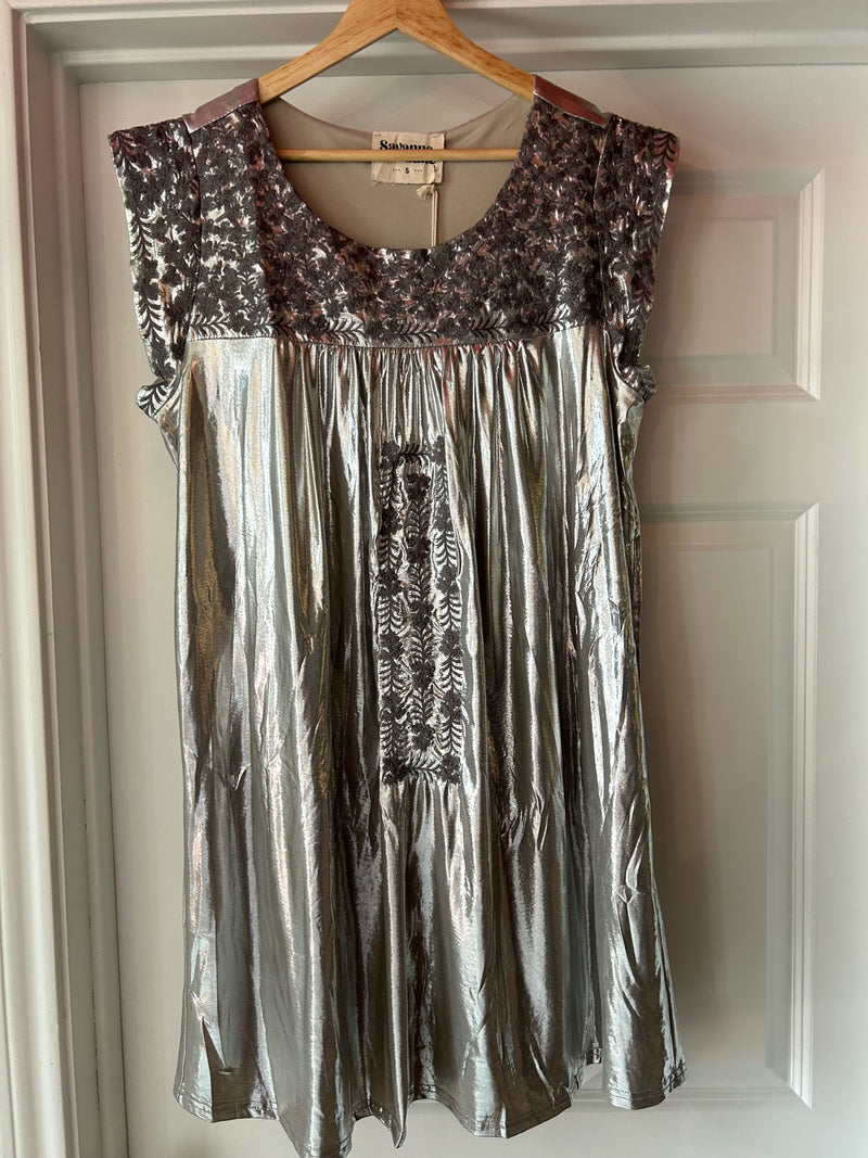 Metallic Embroidered Dress - Silver