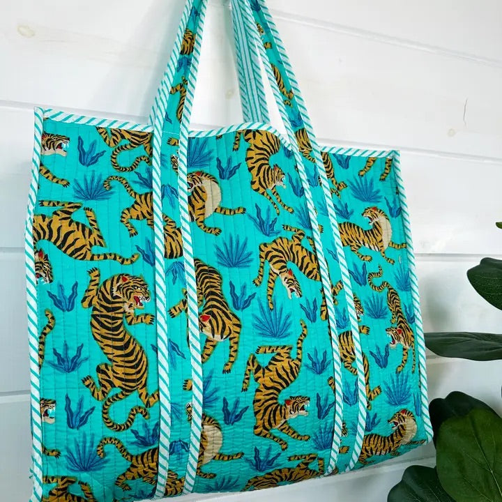 Quilted Tote Bag- Aqua Blue Tiger