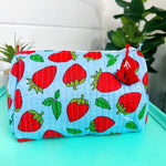 Quilted Cosmetic Bag - Blue with Strawberries