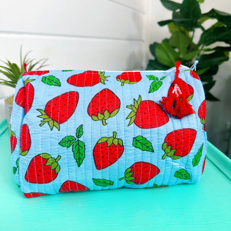 Quilted Cosmetic Bag - Blue with Strawberries