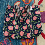 Quilted Tote Bag- Navy & Pink Floral