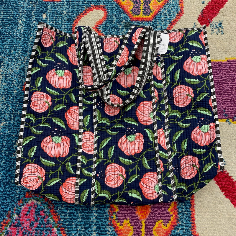 Quilted Tote Bag- Navy & Pink Floral