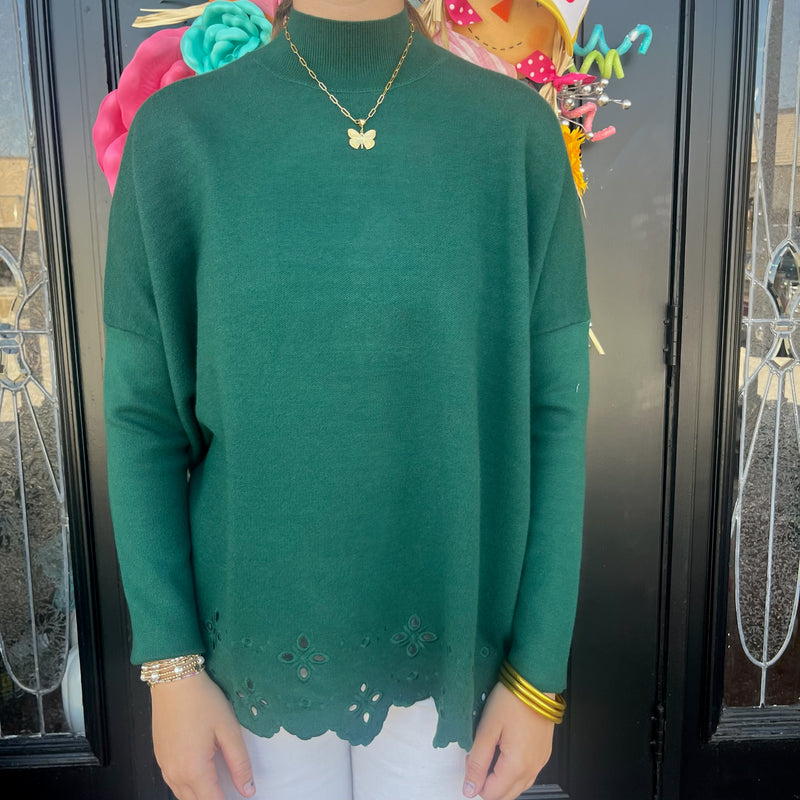 High Neck Eyelet Sweater- Green