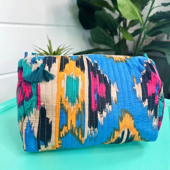 Quilted Cosmetic Bag- Blue Ikat