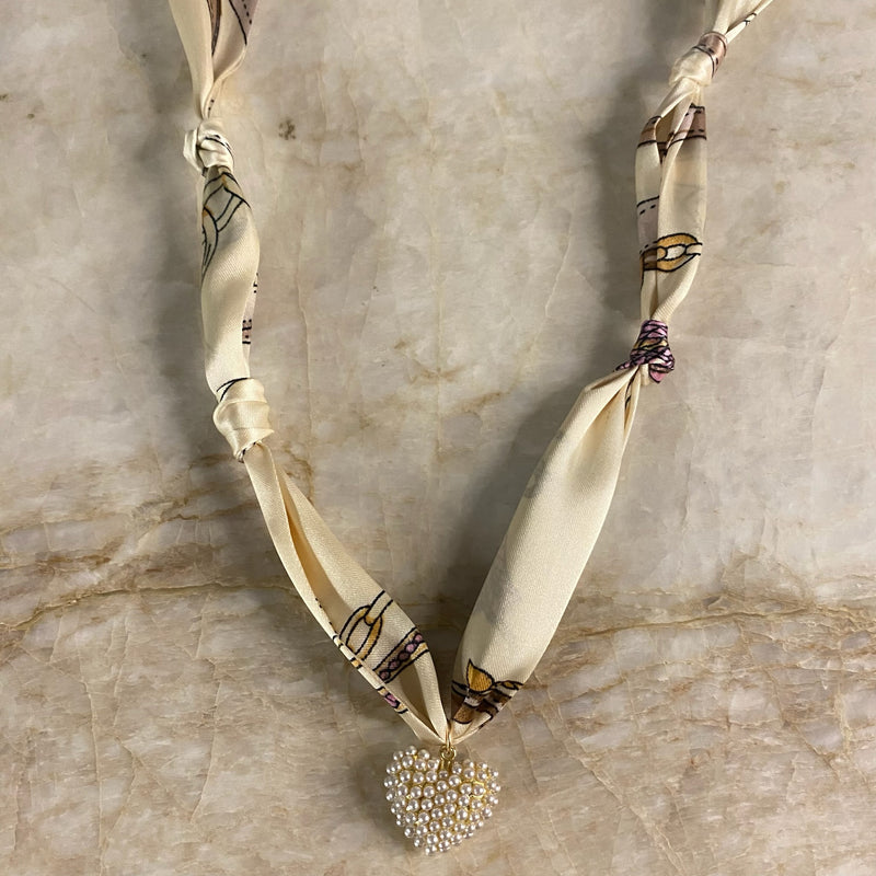 Scarf Necklace- Cream with Pink