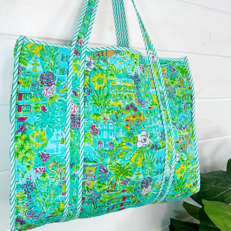 Quilted Tote Bag- Aqua Tropical