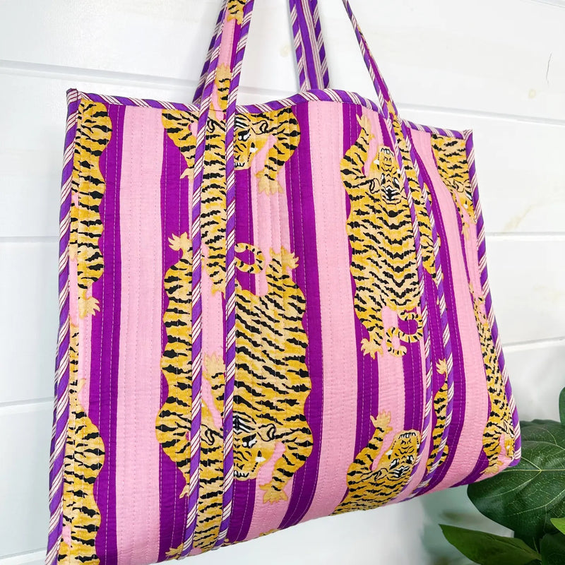Quilted Tote Bag- Purple Tiger