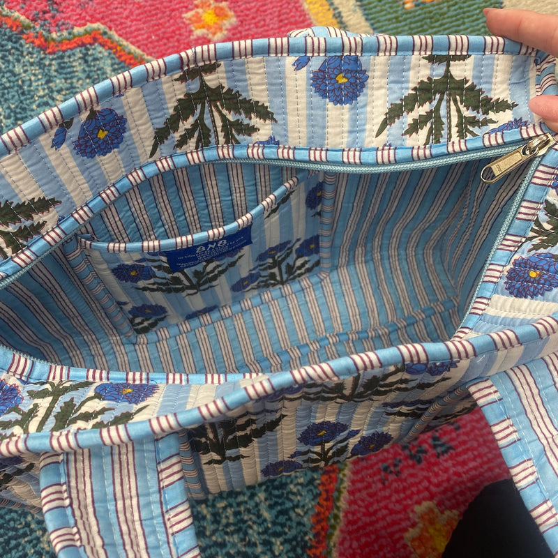 Small Quilted Tote- Blue Floral Stripes