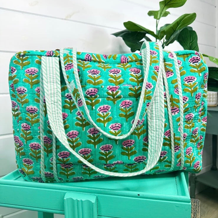 Quilted Overnight Bag- Aqua Floral