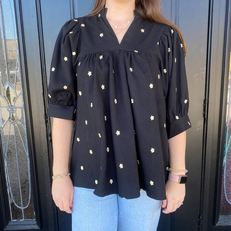 Black V-Neck with Gold Flowers