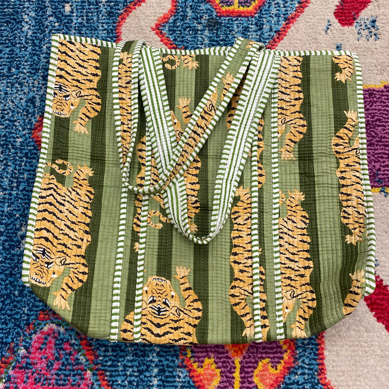 Quilted Tote Bag- Green Tiger