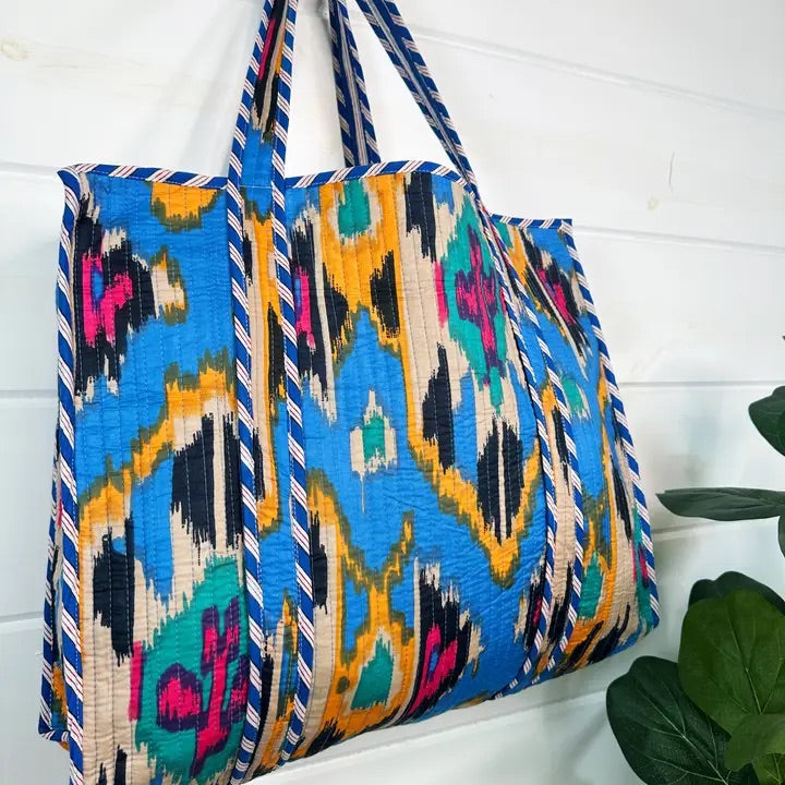 Quilted Tote Bag- Blue Ikat