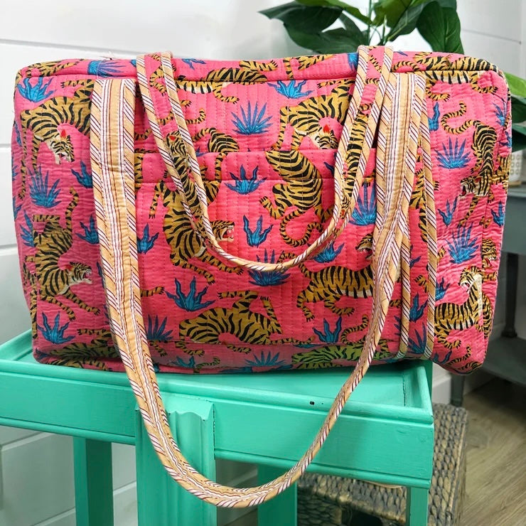 Quilted Overnight Bag- Coral Tiger