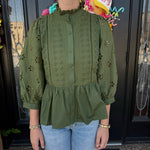 Eyelet Sleeve Top- Olive