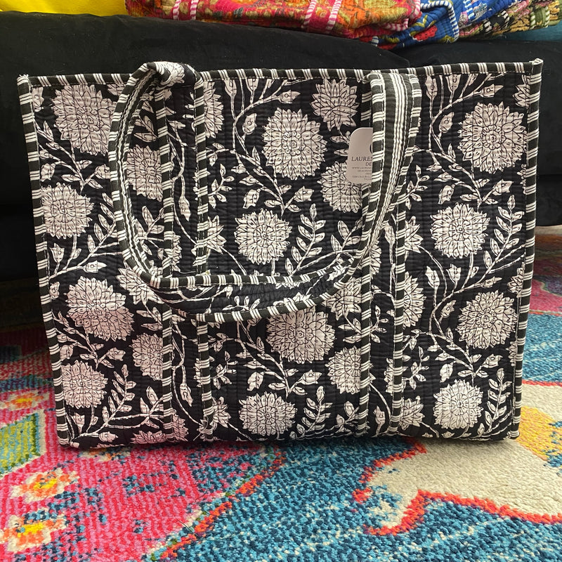 Quilted Tote Bag- Black & White