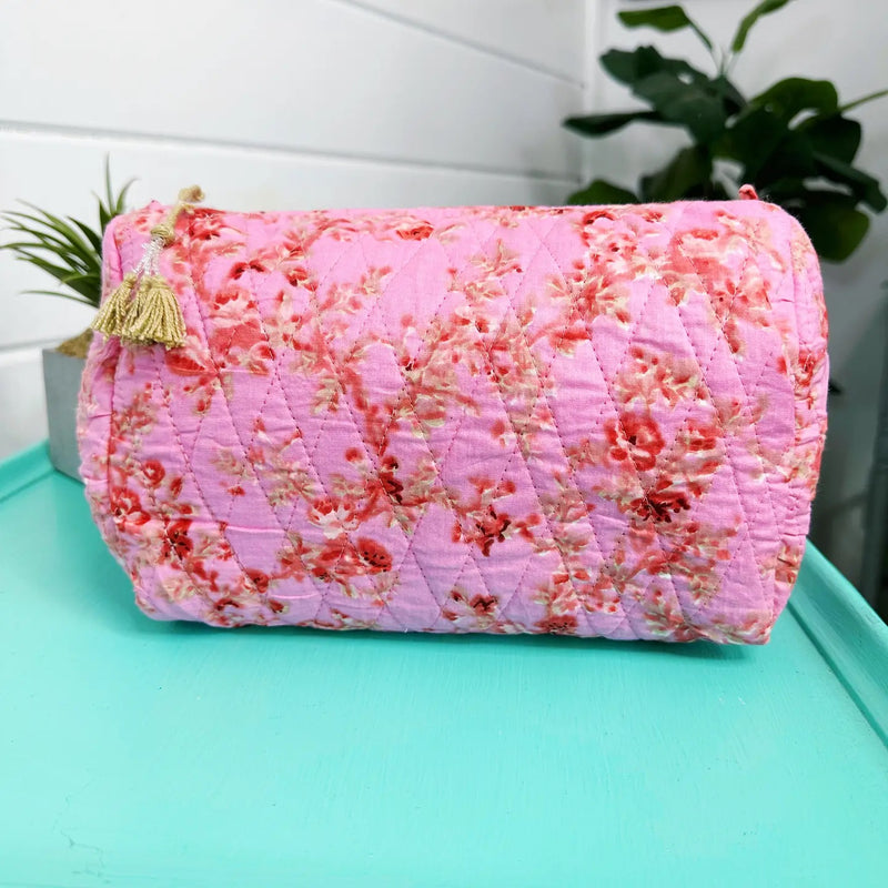 Quilted Cosmetic Bag - Pink Floral Diamond