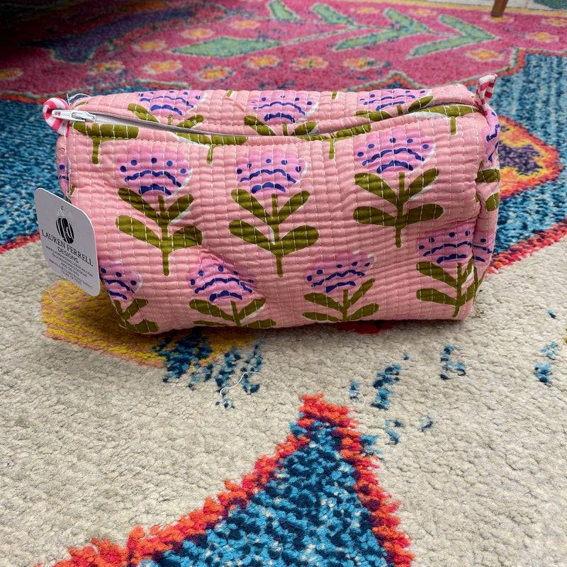 Quilted Cosmetic Bag- Coral Flowers