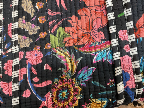 Quilted Tote Bag - Black Multicolor Floral - Damaged (Loose Stitching)