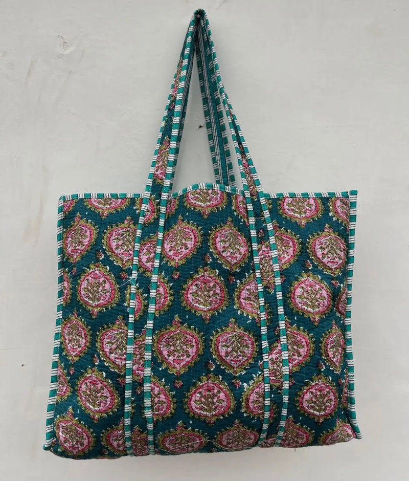 Quilted Tote Bag- Green and Pink Print