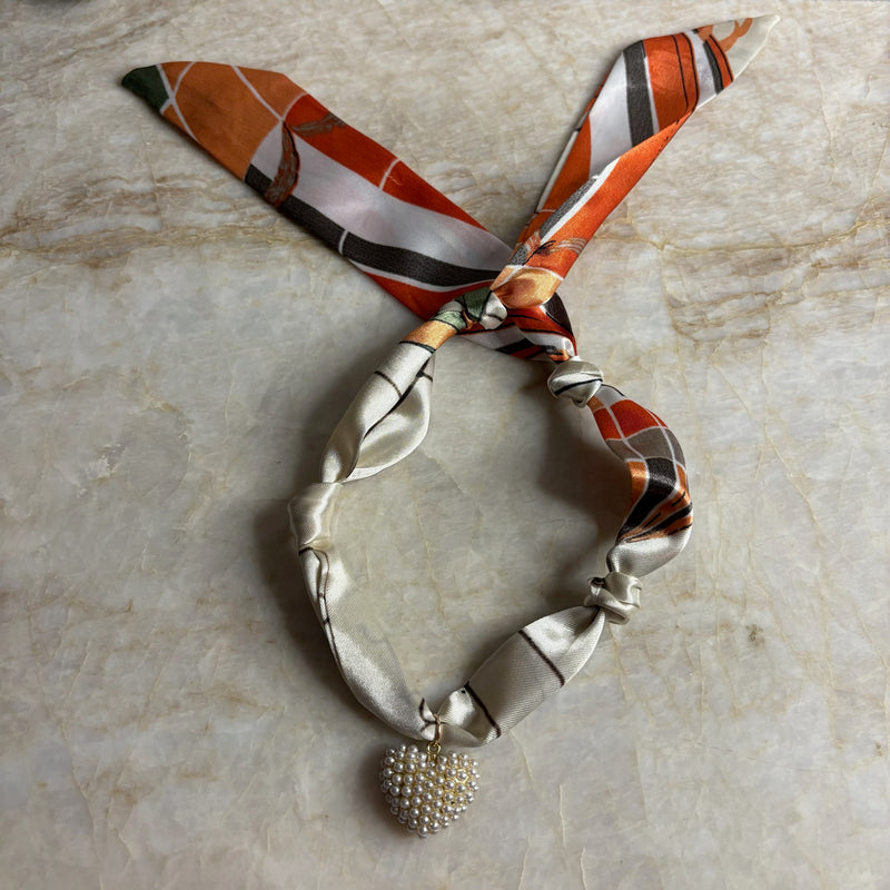 Scarf Necklace- Cream with Orange and Grey