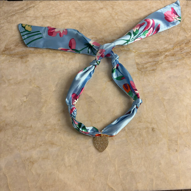 Scarf Necklace- Light Blue Floral-Pave Gold Heart