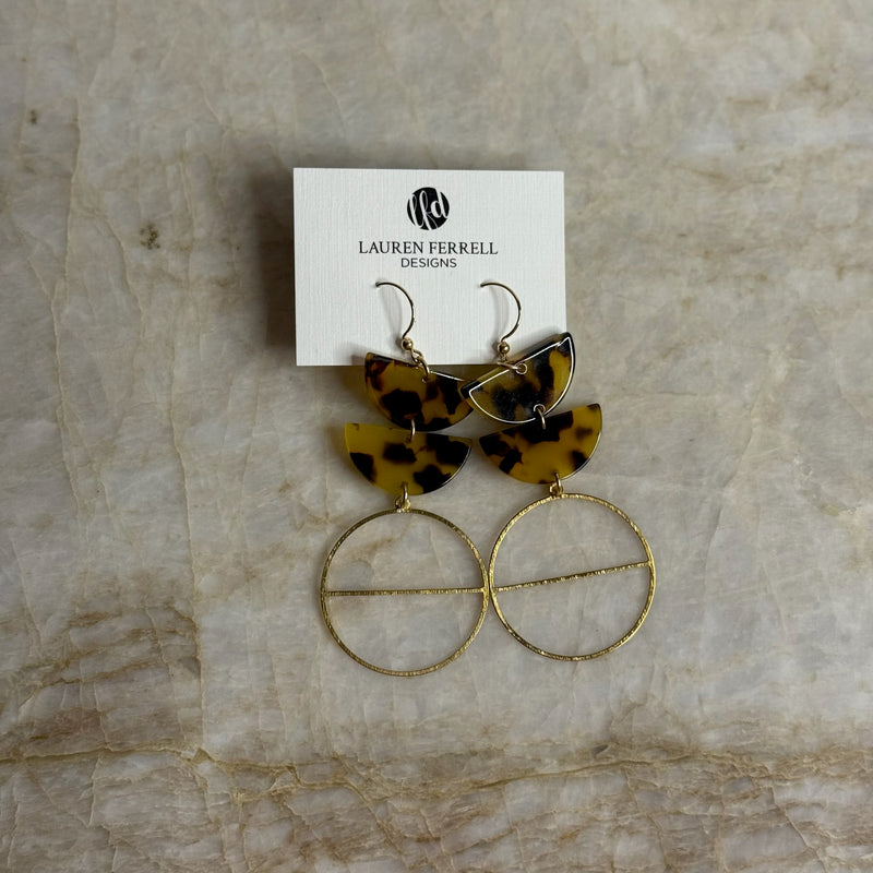 Double Acrylic Earrings- Divided Circle with Brown Tortoise