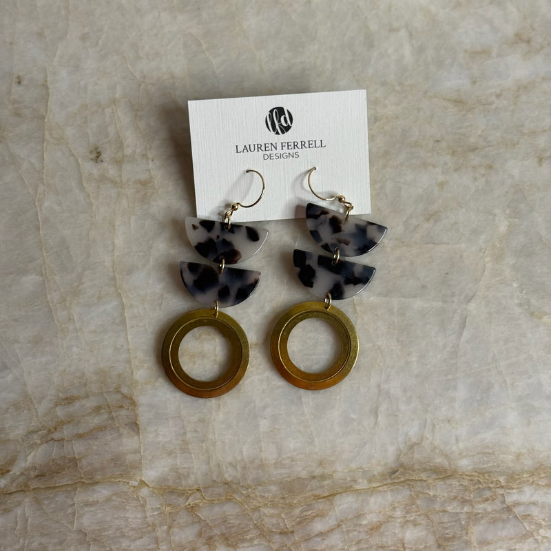 Double Acrylic Earrings- Brass Curve with Blonde Tortoise