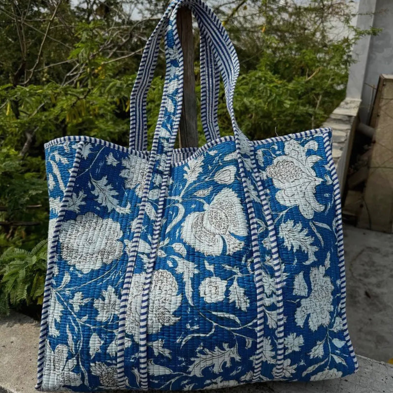 Quilted Tote Bag- Blue & White