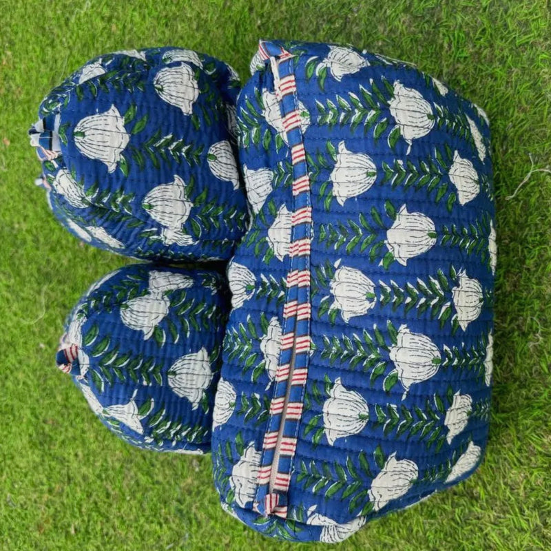 Quilted Cosmetic Bag- Blue with White Flowers