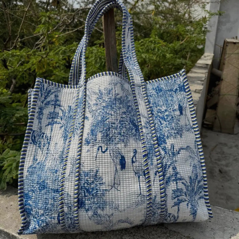Quilted Tote Bag- White with Blue Tropical