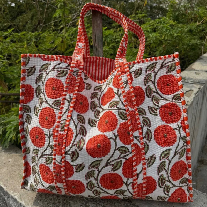 Quilted Tote Bag- White & Orange Flowers