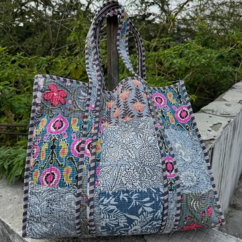 Quilted Tote Bag- Blue Patchwork