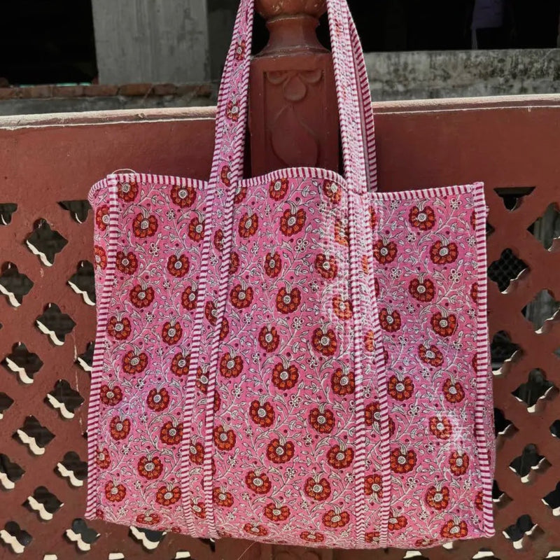Quilted Tote Bag- Pink with Red