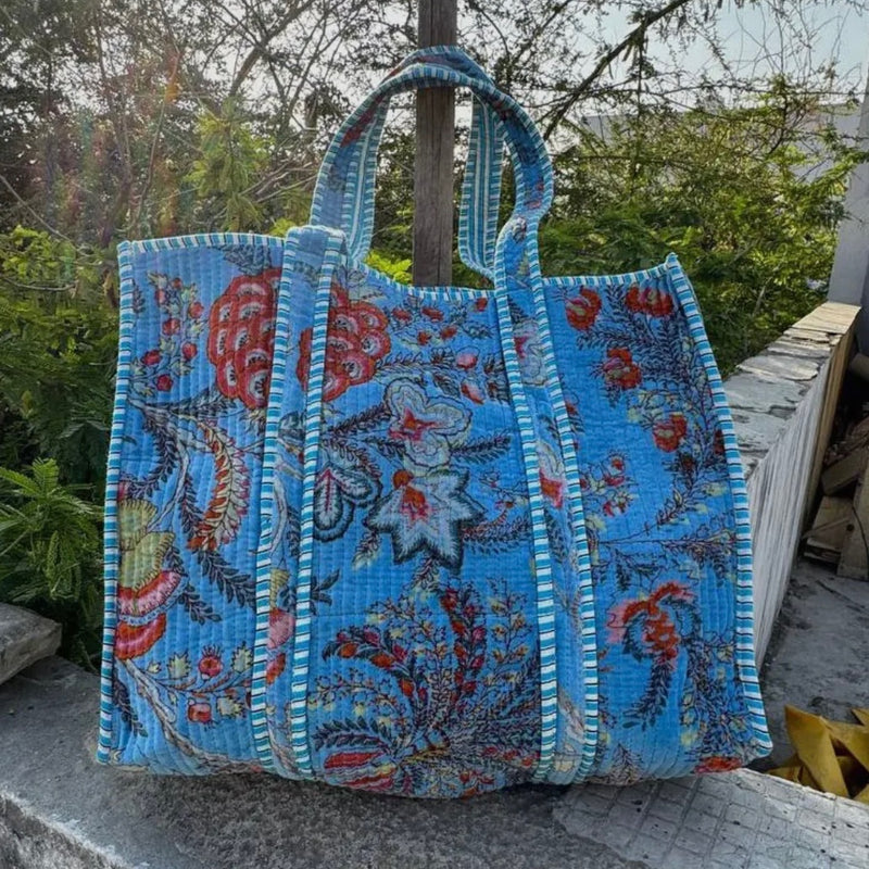 Quilted Velvet Tote Bag- Sky Blue
