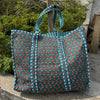 Quilted Tote Bag - Teal & Red Flowers - Damaged (Loose Stitching/Flowers Going Opposite Direction)