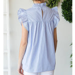Striped top with a frill mock neckline (Blue)