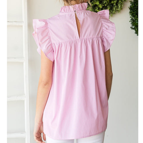 Striped top with a frill mock neckline (Pink)